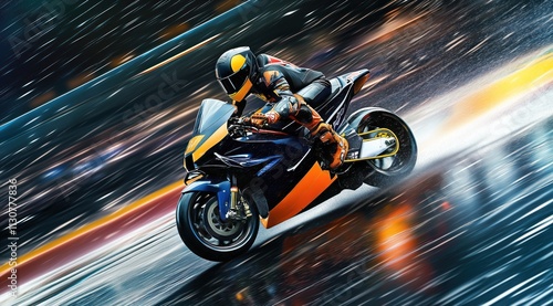Course de moto avec un pilote roulant sur un circuit à toute vitesse sur une moto aux couleurs rouge, orange, jaune et bleu, la nuit, sous la pluie.