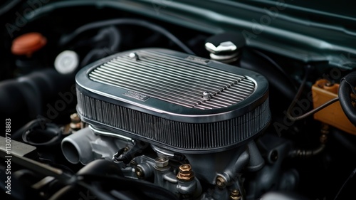 Mechanic repair and engine concept. Close-up view of an automotive air filter mounted on an engine, showcasing intricate details and metallic textures.