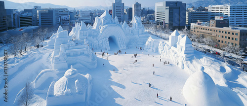 Aerial view of Sapporo Snow Festival showcasing stunning snow sculptures and visitors enjoying winter wonderland