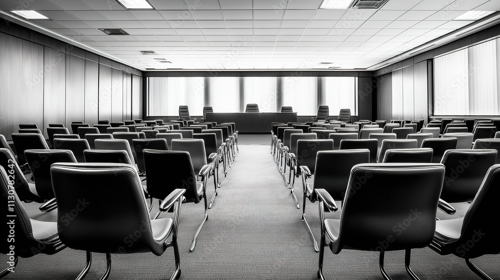 Fototapeta premium Corporate bankruptcy hearing room filled with solemn atmosphere, legal professionals and stakeholders discussing financial restructuring and future prospects.