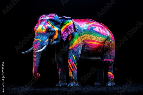 A vibrant elephant set against a psychedelic backdrop, featuring a fantasy rainbow elephant in neon, created using generative AI. photo