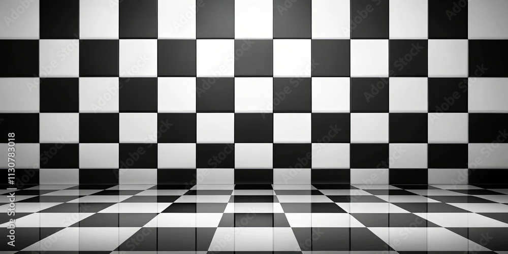 Fototapeta premium Abstract Checkerboard Room Design with Glossy Floor and Walls