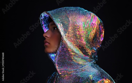 Gen Z hologram chainmail hood portrait y2k style