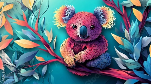 Colorful Koala: A Whimsical Wildlife Portrait amidst Vibrant Foliage photo