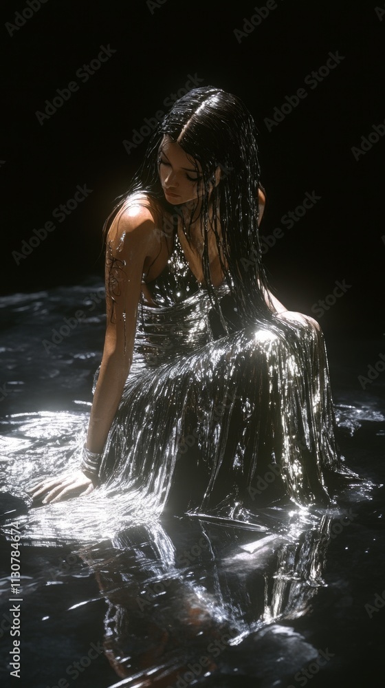 Silver dress with glowing hair in y2k style
