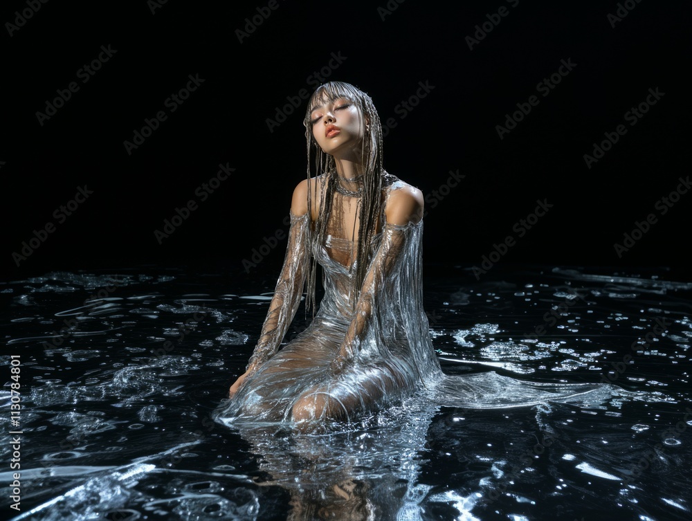 Y2k liquid silver dress with glowing effect