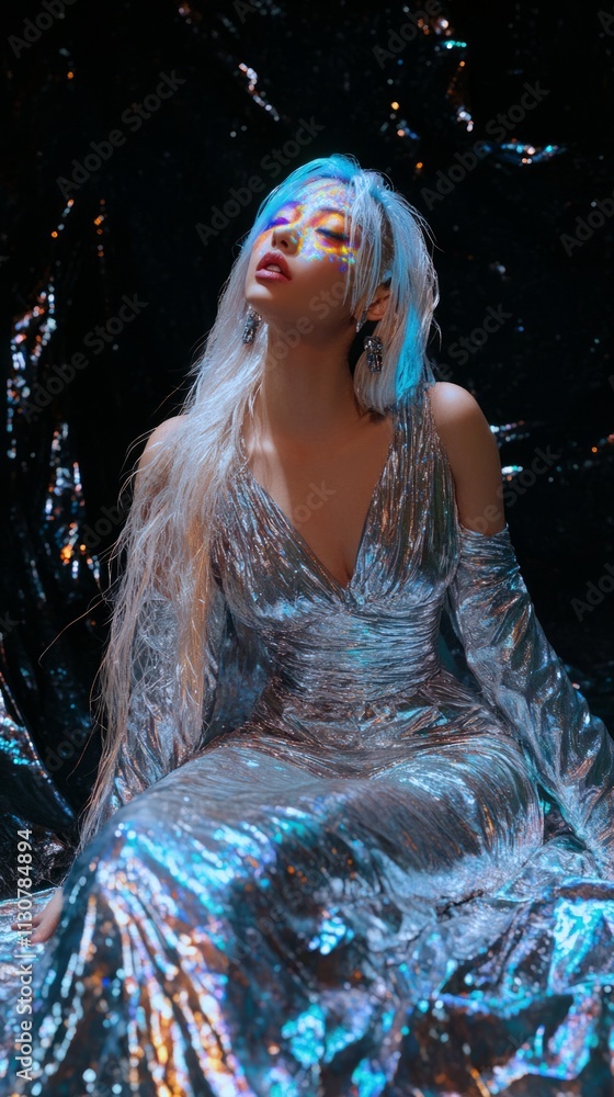 Model in y2k silver silk dress with hologram glow