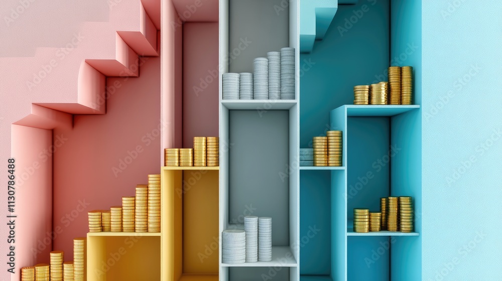 Fototapeta premium coins arranged in a staircase flat design front view savings real estate theme 3D render complementary color scheme