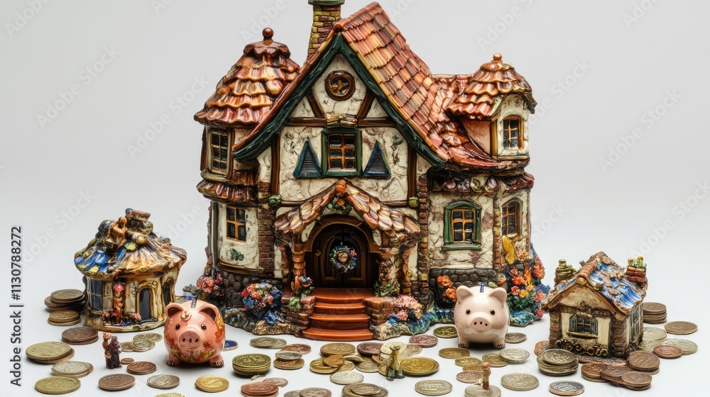 Fototapeta premium Colorful piggy bank surrounded by scattered coins and a miniature house, portraying family savings for property