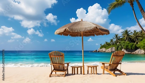 Wallpaper Mural Chairs and an umbrella on a tropical beach with a scenic seascape, perfect for a banner. Torontodigital.ca