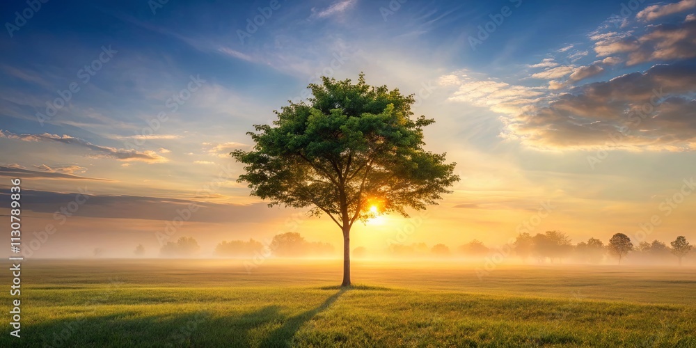 Fototapeta premium Serene Sunrise A Single Tree in a Misty Meadow Bathed in Golden Light