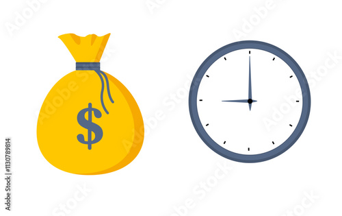 Time is money. Clock and dollar bag a balance scale. Financial concept .Time value of money asset growth over time depicts investment in long-term equity. Vector