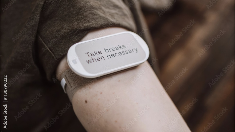 Fototapeta premium A closeup of a smart patch worn on the arm of a technician monitoring physical exertion levels and reminding them to take breaks when necessary.