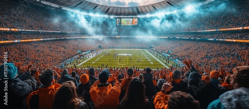 Excited fans at a packed stadium during an American football game.