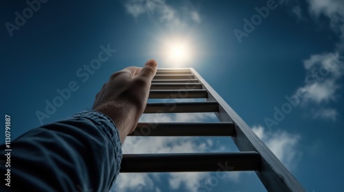 Reaching for the Light: Hand on a Ladder Towards the Sky