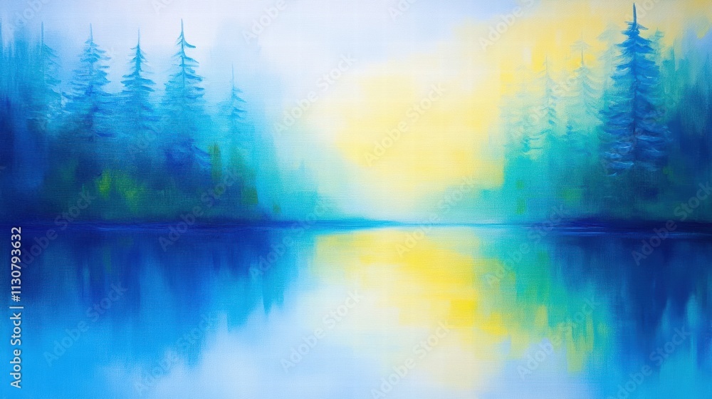 Fototapeta premium Serene Lakeside Reflections with Towering Trees and Tranquil Waters at Sunrise