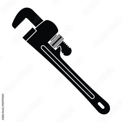 Pipe wrench vector icon. Plumbing tool, gas pipe fitting and repair work symbol. Adjustable wrench for maintenance. Black silhouette isolated on white background.