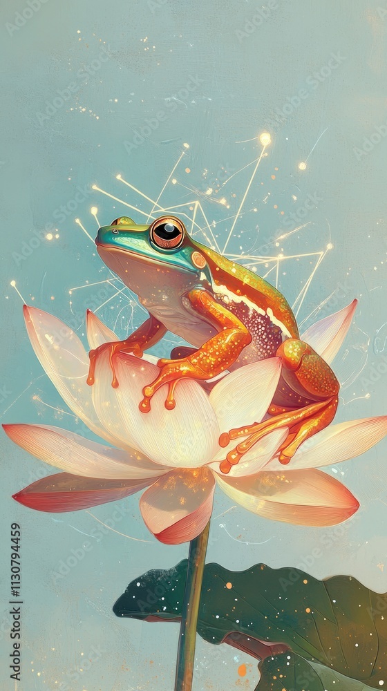 Naklejka premium A vibrant frog perched on a lotus flower, surrounded by a dreamy, ethereal background.