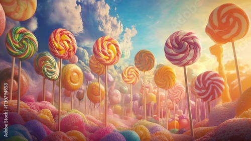 A whimsical candy landscape featuring colorful lollipops and fluffy cotton candy under a bright sky, evoking a dreamy, playful atmosphere. photo