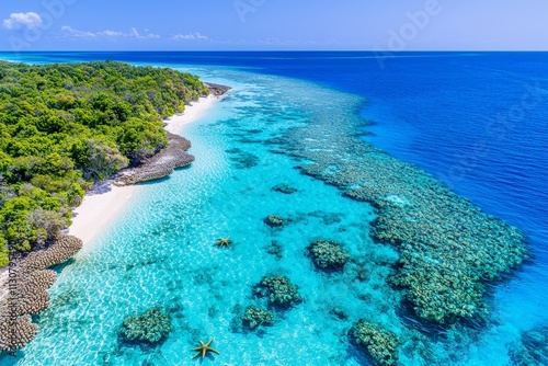 A bird's-eye view reveals the stunning coral formations in crystal-clear blue waters, highlighting the splendor of marine life and ecosystems bathed in sunlight. Perfect for themes related to nature photo