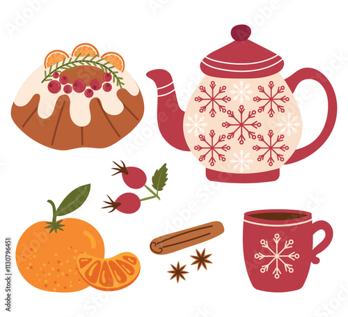 Festive tea party, set of elements with spices, pastries and a beautiful teapot with snowflakes