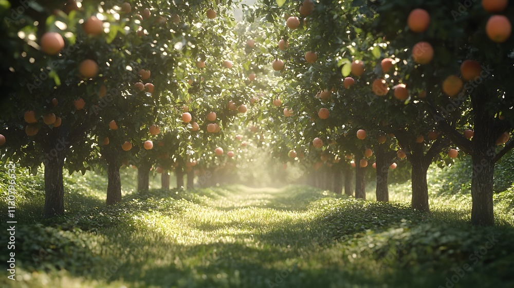 Fototapeta premium Sunlit Orchard Rows Of Apple Trees Abundant With Fruit