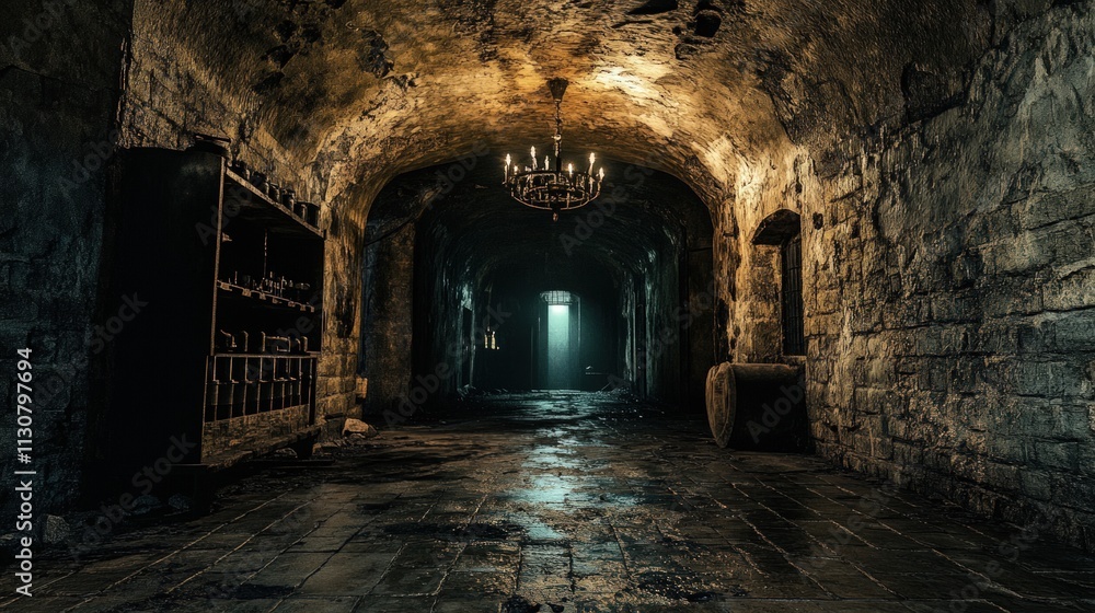 Fototapeta premium Dark, stone corridor, chandelier, distant light.