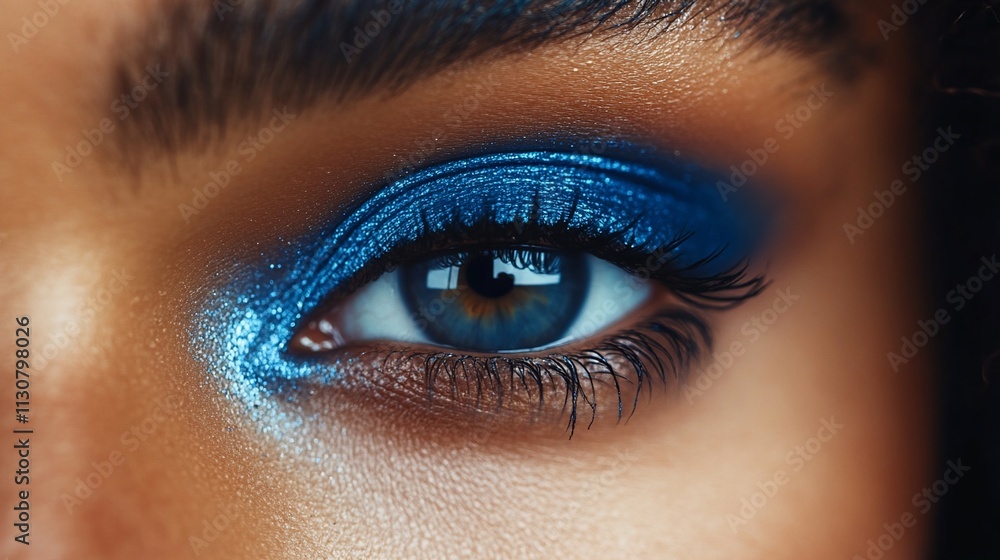Obraz premium Close-up of a woman's eye with vibrant blue eyeshadow.
