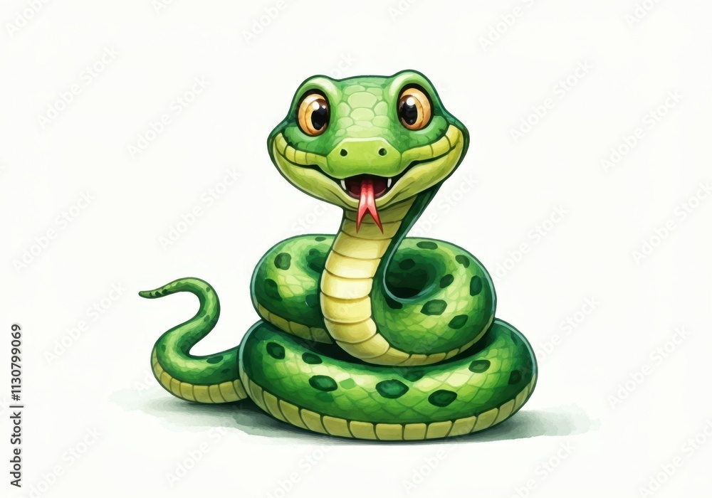 Fototapeta premium A cartoon snake with a cheerful expression, featuring bright green scales adorned with dark green spots. 