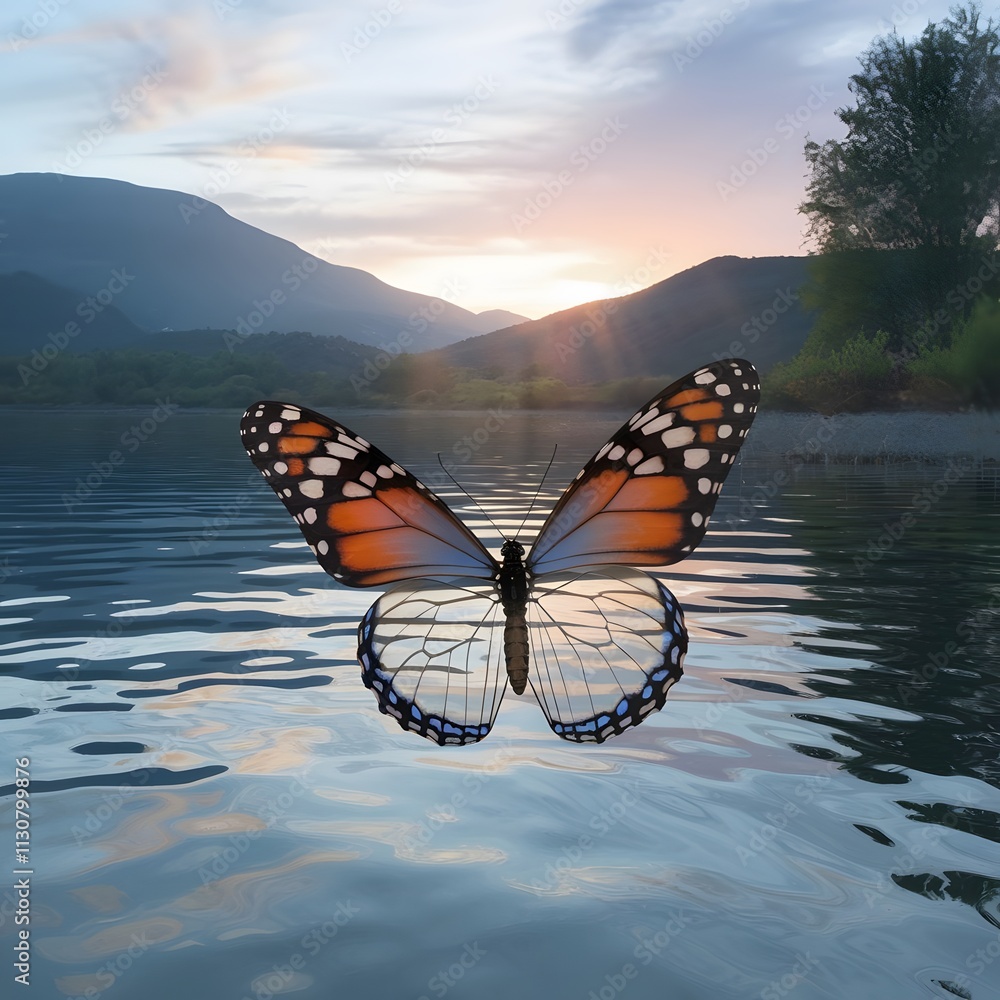 Obraz premium beautiful landscape photograph of a butterfly flying over a body of water. The butterfly is in the center of the image, with its wings spread wide and its body facing towards the right side of the fra