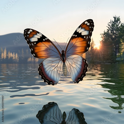 beautiful landscape photograph of a butterfly flying over a body of water. The butterfly is in the center of the image, with its wings spread wide and its body facing towards the right side of the fra photo