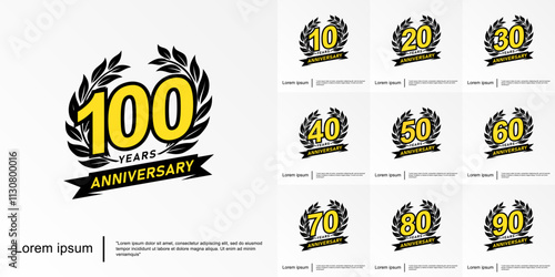 Set of 10-100th years anniversary celebration emblem. anniversary logo isolated with laurel wreath and ribbon. vector illustration template design for web, flyers, poster, invitation or greeting card