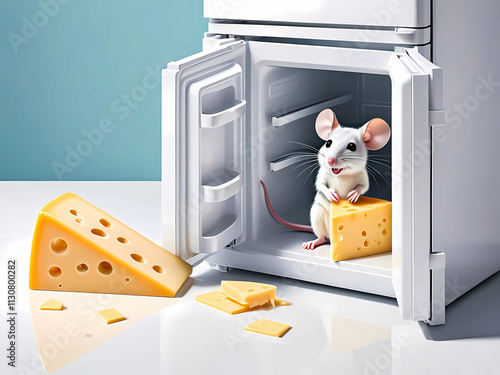 A mouse sits in a refrigerator and eats a piece of cheese, except for which there is nothing else there, humor, joke, funny picture