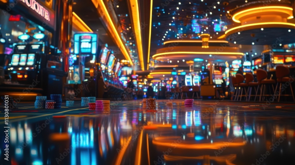 A cinematic wide shot of a bustling casino floor with vibrant neon lights, reflecting off glossy surfaces and scattered poker chips, capturing the energy and intensity of high-stakes gambling