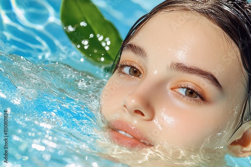 Woman immersed in water with serene expression. photo