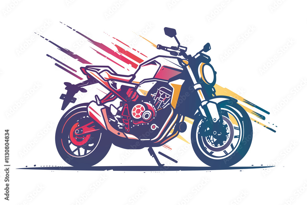 Obraz premium A line art of a motorbike, highlighted by vibrant, contrasting colors against a white background.