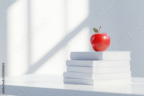 Stack of white textbooks with red apple on top, bathed in sunlight from nearby window, creating bright and inviting learning atmosphere photo