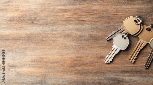 A close-up of assorted keys on a wooden surface, ideal for topics around home security, locksmith services, and real estate, This image can be used for blogs, articles, or marketing material,