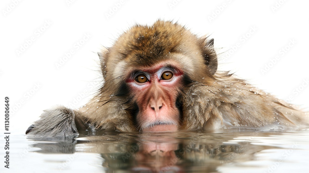 Obraz premium Tranquility in the snow: The macaques soaking in the hot springs seem to be enjoying the comfort of the hot springs, and the monkeys' hair is covered with a layer of snow, and its reflection is clearl