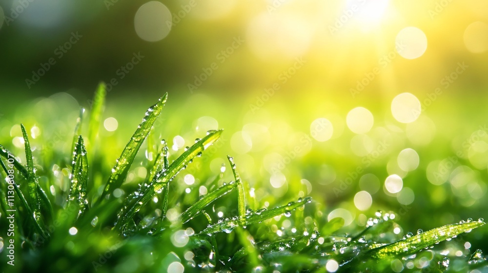 Obraz premium Dew-covered grass at sunrise, close-up.