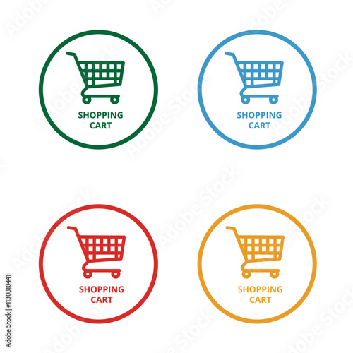 Colored round shpping cart buttons on a white background.
