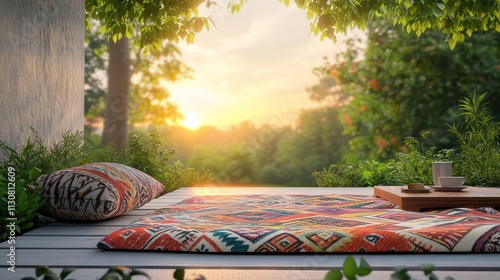 [Outdoor picnics dining outings blanket] Serene Sunset Oasis: Cozy Outdoor Patio Relaxation Space with Soft Natural Light photo