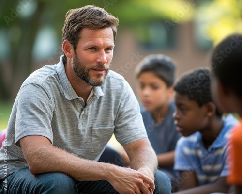 An empathetic teacher demonstrating clarity and professionalism while explaining a complex topic to a small group of attentive students outdoors, fostering understanding and engagement through photo