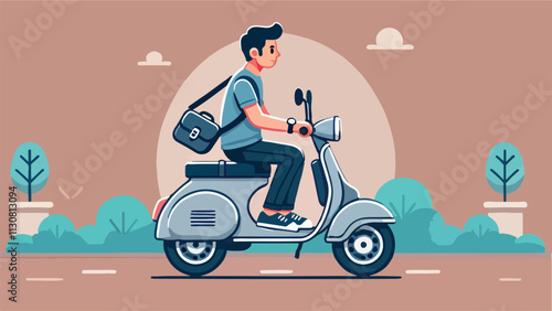 flat style, illustration of a man wearing a sling bag rides a vintage scooter