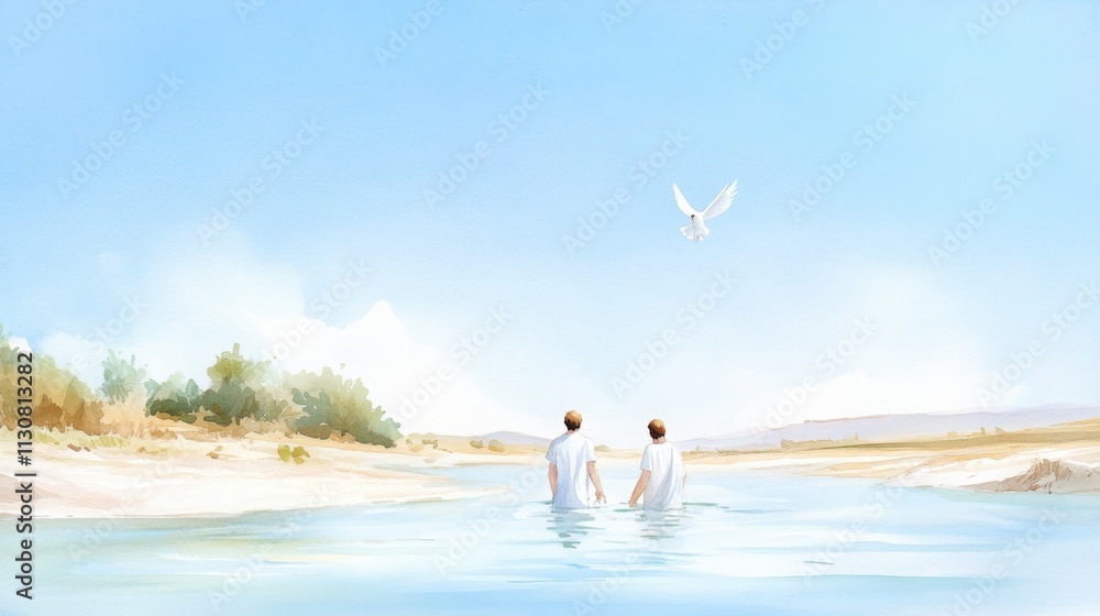Watercolor painting of the baptism of jesus christ by john the baptist ...