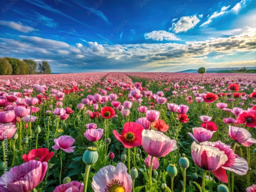 Fototapeta premium Scenic Flight Over Vibrant Opium Poppy Fields in Full Bloom, Aerial View of Colorful Flora, Nature's Beauty, Agriculture, Drone Photography, Landscape, Travel, Serenity, Seasonal Colors, Rural Life