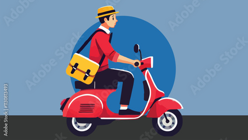 flat style, illustration of a man wearing a sling bag rides a vintage scooter