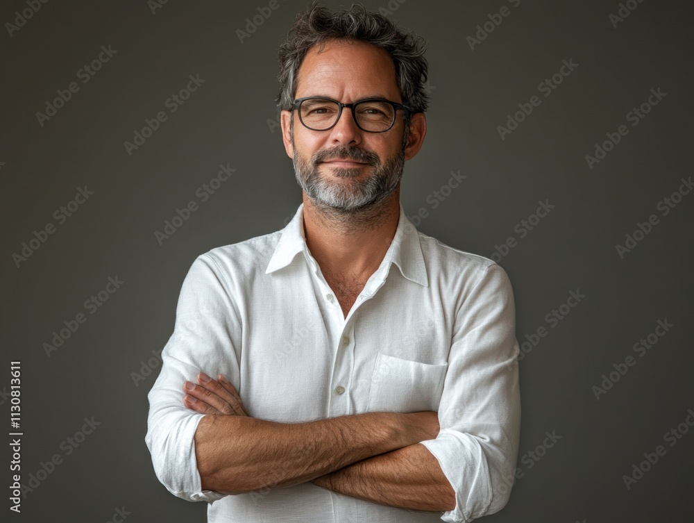 Obraz premium Engaging Presenter with strong body language emphasizing assertiveness and confidence in a head and shoulder portrait, featuring a man with a slight smile and glasses, wearing a white button-down