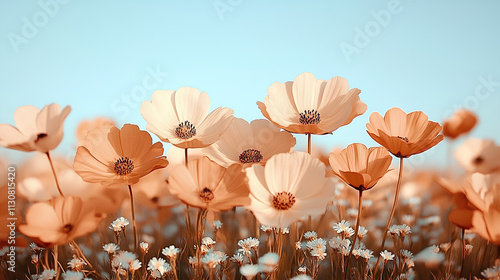 Delight in the beauty of white and peach blooms swaying gently in a soft breeze, creating a calm atmosphere perfect for unwinding and mindfulness in nature photo