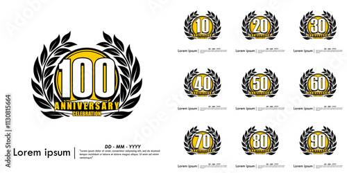 Set of 10-100th years anniversary celebration emblem. anniversary logo isolated with laurel wreath on white background. vector illustration template design for web, flyers, poster,  greeting card